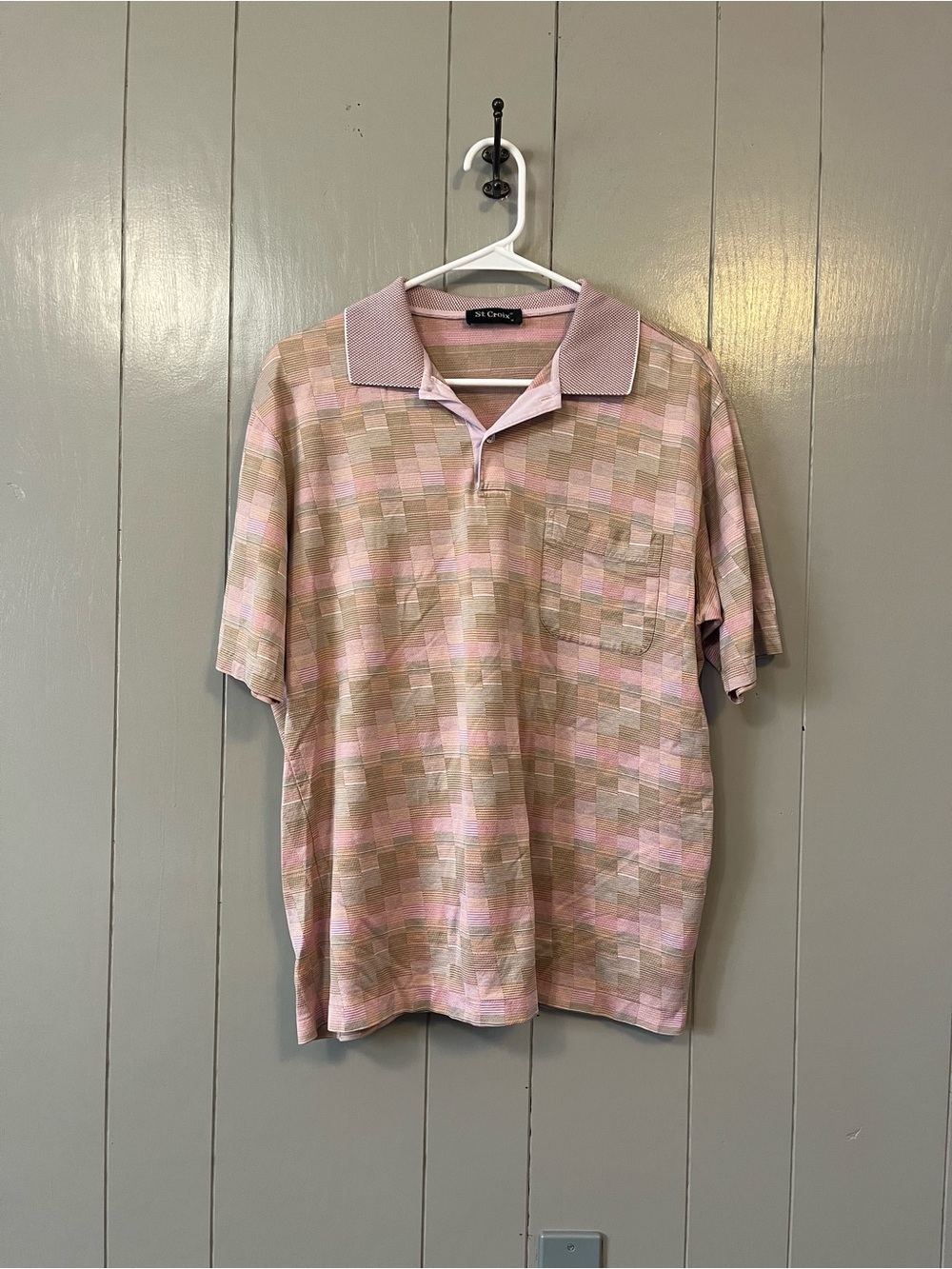 St. Croix Pink Checkered Polo Men's Size M Short Sleeve Shirt Cotton Prep
